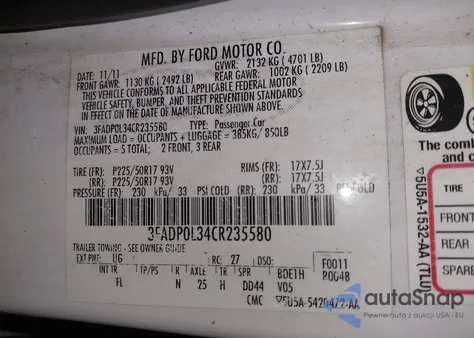 2012 Ford Fusion Hybrid from USA, damaged, VIN 3FADP0L34CR235580
